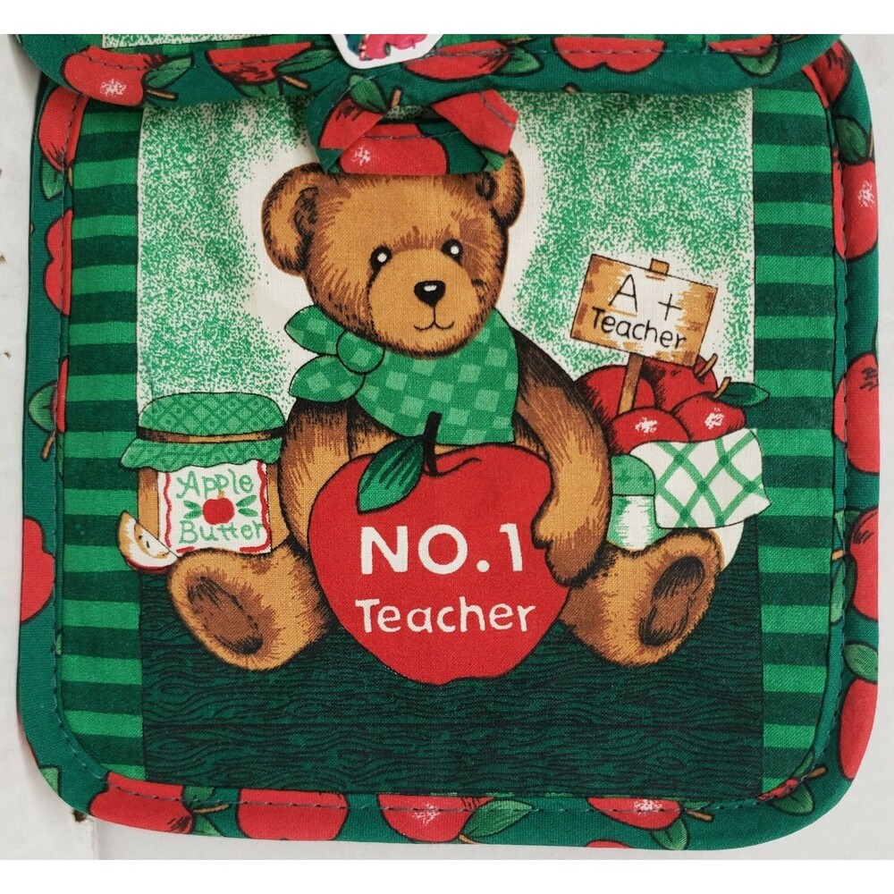 Set of 4 Printed Kitchen Pot Holders, 7"x7",TEDDY BERRY WITH APPLES, #1 TEACHER